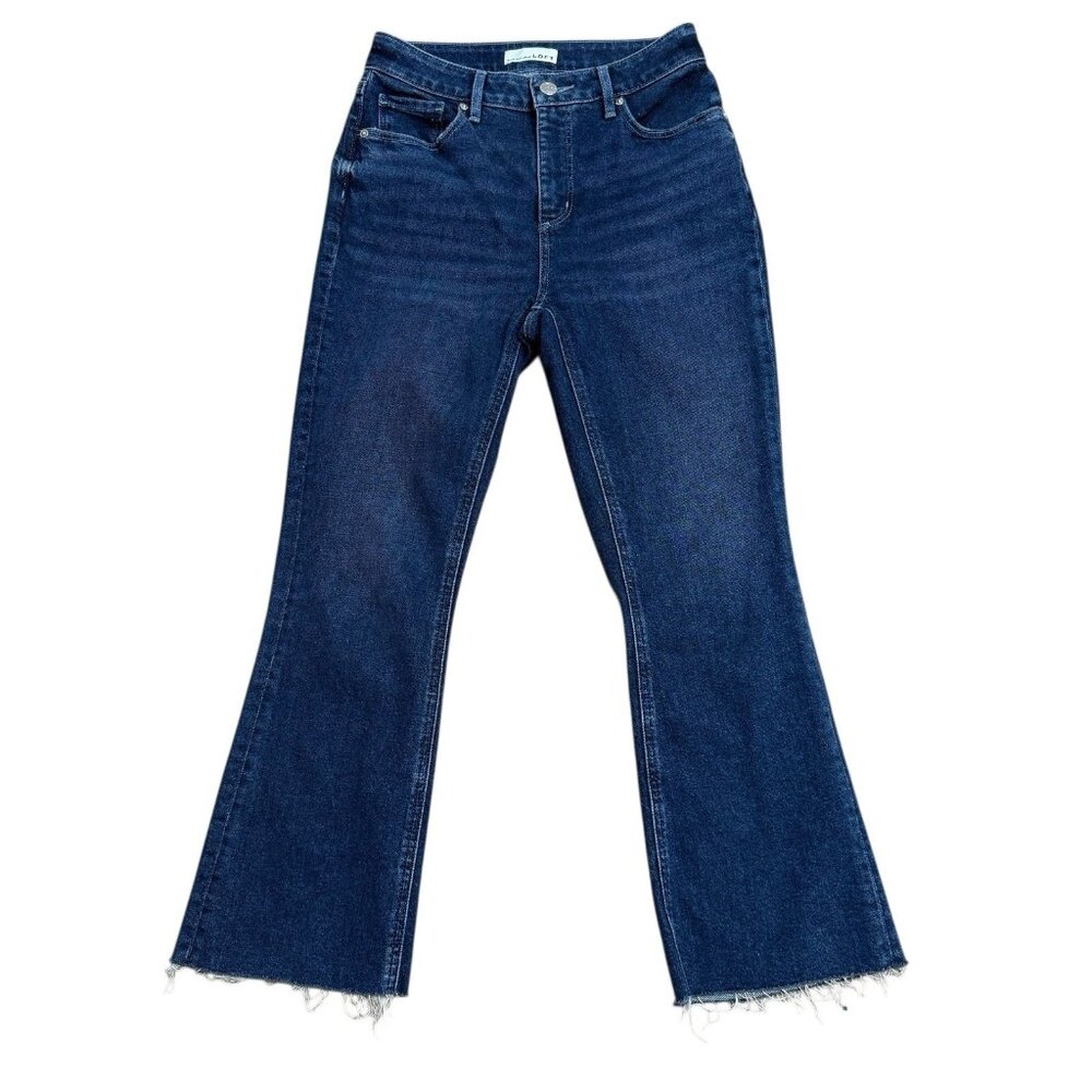 LOFT JEANS CURVY HIGH WAIST FLARE CROP SIZE 26 RAW HEM DENIM STRETCH MEDIUM WASH